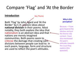 Compare ‘Flag’ and ‘At the Border
Introduction
Both ‘Flag’ by John Agard and ‘At the
Border’ by C.H. explore ideas about
national division in their poems. Most
notably, they both explore the idea that
nationalism is an abstract idea and that
nations are merely imagined
communities. Both poems seem to
criticize the damage that creating such
divisions between people can lead to. In
each poem, language, form and structure
are used to reflect the poet’s attitudes.
Why is this
perceptive?
Because – I have
gone beyond the
obvious and put
the theme into
context. I have
also mentioned
the poet’s
attitudes towards
the issue they
explore (the
question)
Key Theme
 