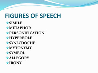 FIGURES OF SPEECH
SIMILE
METAPHOR
PERSONIFICATION
HYPERBOLE
SYNECDOCHE
MYTONYMY
SYMBOL
ALLEGORY
IRONY
 