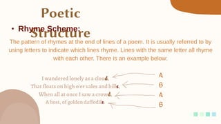 I wandered lonely as a cloud,
That floats on high o'er vales and hills,
When all at once I saw a crowd,
A host, of golden daffodils.
• Rhyme Scheme:
The pattern of rhymes at the end of lines of a poem. It is usually referred to by
using letters to indicate which lines rhyme. Lines with the same letter all rhyme
with each other. There is an example below:
 
