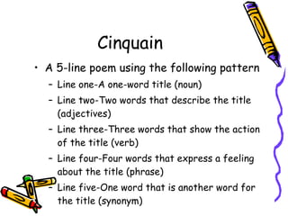 Cinquain A 5-line poem using the following pattern Line one-A one-word title (noun) Line two-Two words that describe the title (adjectives) Line three-Three words that show the action of the title (verb) Line four-Four words that express a feeling about the title (phrase) Line five-One word that is another word for the title (synonym) 