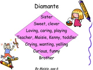Diamante Sister Sweet, clever Loving, caring, playing Teacher, Maisie, Kenny, toddler Crying, wanting, yelling Curious, funny Brother By Maisie, age 6 