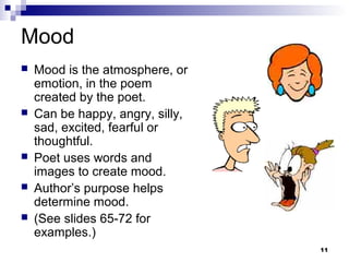 11
Mood
 Mood is the atmosphere, or
emotion, in the poem
created by the poet.
 Can be happy, angry, silly,
sad, excited, fearful or
thoughtful.
 Poet uses words and
images to create mood.
 Author’s purpose helps
determine mood.
 (See slides 65-72 for
examples.)
 