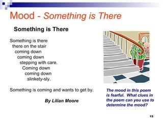 15
Mood - Something is There
Something is there
there on the stair
coming down
coming down
stepping with care.
Coming down
coming down
slinkety-sly.
Something is coming and wants to get by.
By Lilian Moore
Something is There
The mood in this poem
is fearful. What clues in
the poem can you use to
determine the mood?
 