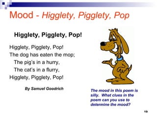 19
Mood - Higglety, Pigglety, Pop
Higglety, Pigglety, Pop!
The dog has eaten the mop;
The pig’s in a hurry,
The cat’s in a flurry,
Higglety, Pigglety, Pop!
By Samuel Goodrich
Higglety, Pigglety, Pop!
The mood in this poem is
silly. What clues in the
poem can you use to
determine the mood?
 