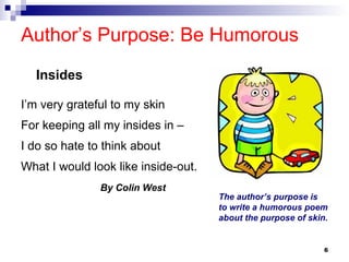 6
Author’s Purpose: Be Humorous
I’m very grateful to my skin
For keeping all my insides in –
I do so hate to think about
What I would look like inside-out.
By Colin West
The author’s purpose is
to write a humorous poem
about the purpose of skin.
Insides
 