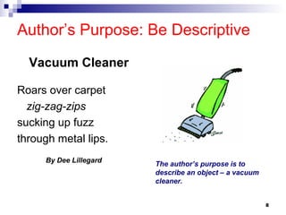 8
Author’s Purpose: Be Descriptive
Roars over carpet
zig-zag-zips
sucking up fuzz
through metal lips.
By Dee Lillegard
The author’s purpose is to
describe an object – a vacuum
cleaner.
Vacuum Cleaner
 