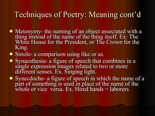 Techniques of Poetry: Meaning cont’d <ul><li>Metonymy- the naming of an object associated with a thing instead of the name...