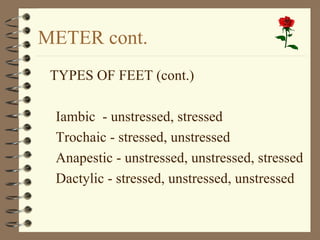 METER cont. TYPES OF FEET (cont.) Iambic  - unstressed, stressed  Trochaic - stressed, unstressed Anapestic - unstressed, unstressed, stressed Dactylic - stressed, unstressed, unstressed 