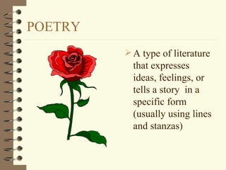 POETRY A type of literature that expresses ideas, feelings, or tells a story  in a specific form (usually using lines and stanzas) 