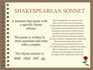 SHAKESPEAREAN SONNET A fourteen line poem with a specific rhyme scheme. The poem is written in three quatrains and ends with a couplet. The rhyme scheme is abab  cdcd  efef  gg Shall I compare thee to a summer’s day? Thou art more lovely and more temperate. Rough winds do shake the darling buds of May, And summer’s lease hath all too short a date. Sometimes too hot the eye of heaven shines, And often is his gold complexion dimmed; And every fair from fair sometimes declines, By chance or nature’s changing course untrimmed. But thy eternal summer shall not fade Nor lose possession of that fair thou ow’st; Nor shall Death brag thou wanderest in his shade, When in eternal lines to time thou grow’st So long as men can breathe or eyes can see, So long lives this, and this gives life to thee. 