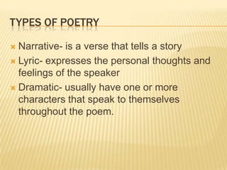 TYPES OF POETRY

 Narrative- is a verse that tells a story
 Lyric- expresses the personal thoughts and
  feelings of the speaker
 Dramatic- usually have one or more
  characters that speak to themselves
  throughout the poem.
 