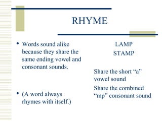 RHYME
 Words sound alike
because they share the
same ending vowel and
consonant sounds.
 (A word always
rhymes with itself.)
LAMP
STAMP
Share the short “a”
vowel sound
Share the combined
“mp” consonant sound
 