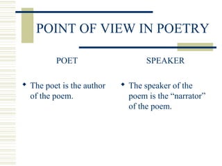 POINT OF VIEW IN POETRY
POET
 The poet is the author
of the poem.
SPEAKER
 The speaker of the
poem is the “narrator”
of the poem.
 