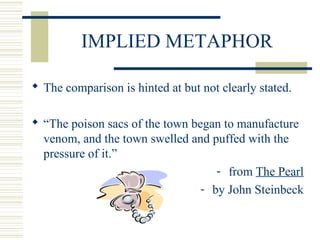 IMPLIED METAPHOR
 The comparison is hinted at but not clearly stated.
 “The poison sacs of the town began to manufacture
venom, and the town swelled and puffed with the
pressure of it.”
- from The Pearl
- by John Steinbeck
 