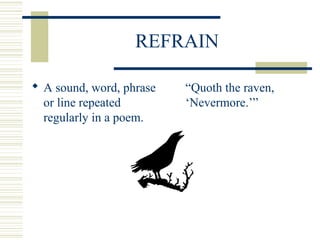 REFRAIN
 A sound, word, phrase
or line repeated
regularly in a poem.
“Quoth the raven,
‘Nevermore.’”
 