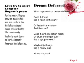 Page 8
Let’s try to enjoy
Langston
Hughes’s poem
Dream Deferred
What happens to a dream deferred
Does it dry up
like a raisin in the sun?
Or fester like a sore—
And then run?
Does it stink like rotten meat?
Or crust and sugar over—
like a syrupy sweet?
Maybe it just sags
like a heavy load
Or does it explode?
For his poetry, Hughes
drew on modern folk
and jazz rhythms, the
kind of speech and
music he heard in the
black community.
Hughes’s work, down-
to-earth, distinctly
American kind of poetry.
 