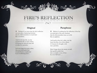 How my body blooms from every veinmore fragrantly, since you appeared to me;look, I walk slimmer now and straighter,and all you do is wait-:who are you then?Look: I feel how I'm moving away,how I'm shedding my old life, leaf by leaf.Only your smile spreads like sheer starsover you and, soon now, over me.Whatever shines through my childhood yearsstill nameless and gleaming like water,I will name after you at the altar,which is blazing brightly from your hairand braided gently with your breasts.My blood spills from my veinsalong with the scent, you come to me;see, my posture is better,and you sit there-: why are you here?See: I feel our distance growing,my past life sheds itself, bit by bit.Only your smile spreads like the stars in the skyover you, and then over me.I remember some things from my childhoodshining like water, with no name,You will be named at the baptism,which glows from your hairAnd flows in braids down your chestSacrificeParaphraseOriginal