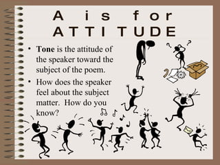 A is for ATTITUDE Tone  is the attitude of the speaker toward the subject of the poem.  How does the speaker feel about the subject matter.  How do you know? 