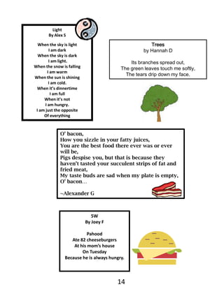 LightBy Alex SWhen the sky is light I am dark When the sky is dark I am light.When the snow is fallingI am warmWhen the sun is shiningI am cold.When it’s dinnertimeI am fullWhen it’s notI am hungry.I am just the oppositeOf everything Treesby Hannah DIts branches spread out, The green leaves touch me softly, The tears drip down my face. O’ bacon,How you sizzle in your fatty juices,You are the best food there ever was or ever will be,Pigs despise you, but that is because they haven’t tasted your succulent strips of fat and fried meat,My taste buds are sad when my plate is empty,O’ bacon…~Alexander G5WBy Joey FPahoodAte 82 cheeseburgersAt his mom’s houseOn TuesdayBecause he is always hungry.14