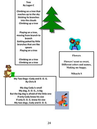 TreeBy Logan CClimbing on a tree that reaches up to the sky Sticking its branches into the cloudsClimbing up a treePlaying on a tree, moving from branch to branch Getting poked by little branches that are like spearsPlaying on a treeClimbing on a treeClimbing on a tree FlowersFlowers’ scent so sweet,Different colors and names,Making me happy.Mikayla SMy Two Dogs--Cody and D. O. G.By Chris B My dog Cody is small My dog, D. O. G., is bigBut the big dog is afraid of the little oneIf only Cody knew his sizeIf only D. O. G. knew his sizeMy two dogs, Cody and D. O. G.24