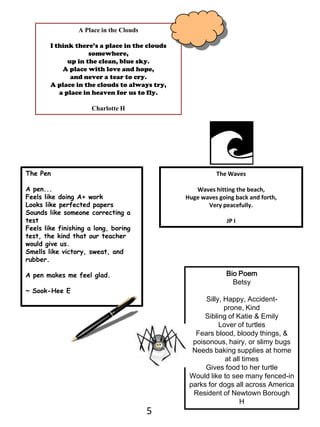 A Place in the CloudsI think there’s a place in the clouds somewhere,up in the clean, blue sky.A place with love and hope, and never a tear to cry.A place in the clouds to always try, a place in heaven for us to fly.Charlotte HThe WavesWaves hitting the beach,Huge waves going back and forth,Very peacefully.JP IThe Pen A pen...Feels like doing A+ workLooks like perfected papersSounds like someone correcting a testFeels like finishing a long, boring test, the kind that our teacher would give us.Smells like victory, sweat, and rubber.A pen makes me feel glad.~ Sook-HeeEBio PoemBetsySilly, Happy, Accident-prone, KindSibling of Katie & EmilyLover of turtlesFears blood, bloody things, & poisonous, hairy, or slimy bugsNeeds baking supplies at home at all timesGives food to her turtleWould like to see many fenced-in parks for dogs all across AmericaResident of Newtown BoroughH5