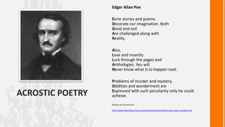 Edgar Allan Poe
Eerie stories and poems
Decorate our imagination. Both
Good and evil
Are challanged along with
Reality.
Also,
Love and insanity
Lurk through the pages and
Anthologies. You will
Never know what is to happen next.

ACROSTIC POETRY

Problems of murder and mystery,
Oddities and wonderment are
Expressed with such peculiarity only he could
acheive.
Written by Christina M.
http://www.beardsley.k12.ca.us/int/lessons/acrostic02/acrostic-poem-samples.htm

 