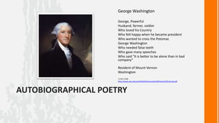 George Washington
George, Powerful
Husband, farmer, soldier
Who loved his Country
Who felt happy when he became president
Who wanted to cross the Potomac
George Washington
Who needed false teeth
Who gave many speeches
Who said “It is better to be alone than in bad
company”
Resident of Mount Vernon
Washington
(1732-1739)
http://www.ualr.edu/srwhitfield/Interactive%20Poetry%20Tutorial.pdf

AUTOBIOGRAPHICAL POETRY

 