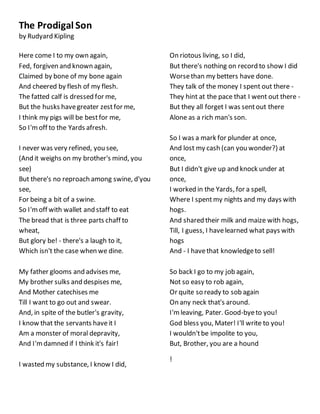 The Prodigal Son
by Rudyard Kipling
Here come I to my own again,
Fed, forgiven and known again,
Claimed by bone of my bone again
And cheered by flesh of my flesh.
The fatted calf is dressed for me,
But the husks havegreater zestfor me,
I think my pigs will be bestfor me,
So I'moff to the Yards afresh.
I never was very refined, you see,
(And it weighs on my brother's mind, you
see)
But there's no reproach among swine, d'you
see,
For being a bit of a swine.
So I'moff with wallet and staff to eat
The bread that is three parts chaff to
wheat,
But glory be! - there's a laugh to it,
Which isn't the case when we dine.
My father glooms and advises me,
My brother sulks and despises me,
And Mother catechises me
Till I want to go out and swear.
And, in spite of the butler's gravity,
I know that the servants haveit I
Am a monster of moral depravity,
And I'mdamned if I think it's fair!
I wasted my substance, I know I did,
On riotous living, so I did,
But there's nothing on record to show I did
Worsethan my betters have done.
They talk of the money I spent out there -
They hint at the pace that I went out there -
But they all forget I was sentout there
Alone as a rich man's son.
So I was a mark for plunder at once,
And lost my cash (can you wonder?) at
once,
But I didn't give up and knock under at
once,
I worked in the Yards, for a spell,
Where I spentmy nights and my days with
hogs.
And shared their milk and maize with hogs,
Till, I guess, I havelearned what pays with
hogs
And - I havethat knowledgeto sell!
So back I go to my job again,
Not so easy to rob again,
Or quite so ready to sob again
On any neck that's around.
I'mleaving, Pater. Good-byeto you!
God bless you, Mater! I'll write to you!
I wouldn'tbe impolite to you,
But, Brother, you are a hound
!
 