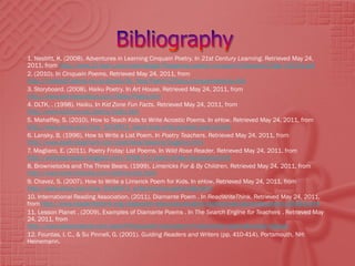 1. Nesbitt, K. (2008). Adventures in Learning Cinquain Poetry. In 21st Century Learning. Retrieved May 24,
2011, from http://www.21-learn.com/teamtarget/Passports/poetry/cinquain%20poetry%20gr-%203-6.pdf
2. (2010). In Cinquain Poems. Retrieved May 24, 2011, from
http://hrsbstaff.ednet.ns.ca/davidc/6c_files/Poem%20pics/cinquaindescrip.htm
3. Storyboard. (2008). Haiku Poetry. In Art House. Retrieved May 24, 2011, from
http://www.storyboardtoys.com/Haiku-Poetry.htm
4. DLTK, . (1998). Haiku. In Kid Zone Fun Facts. Retrieved May 24, 2011, from
http://www.kidzone.ws/poetry/haiku.htm
5. Mahaffey, S. (2010). How to Teach Kids to Write Acrostic Poems. In eHow. Retrieved May 24, 2011, from
http://www.ehow.com/how_5014612_teach-kids-write-acrostic-poems.html
6. Lansky, B. (1996). How to Write a List Poem. In Poetry Teachers. Retrieved May 24, 2011, from
http://www.poetryteachers.com/poetclass/lessons/bugsme.html
7. Magliaro, E. (2011). Poetry Friday: List Poems. In Wild Rose Reader. Retrieved May 24, 2011, from
http://wildrosereader.blogspot.com/2008/11/poetry-friday-list-poems.html
8. Brownielocks and The Three Bears. (1999). Limericks For & By Children. Retrieved May 24, 2011, from
http://www.brownielocks.com/kidlimericks.html
9. Chavez, S. (2007). How to Write a Limerick Poem for Kids. In eHow. Retrieved May 24, 2011, from
http://www.ehow.com/how_6344973_write-limerick-poem-kids.html
10. International Reading Association. (2011). Diamante Poem . In ReadWriteThink. Retrieved May 24, 2011,
from http://www.readwritethink.org/classroom-resources/student-interactives/diamante-poems-30053.html
11. Lesson Planet . (2009). Examples of Diamante Poems . In The Search Engine for Teachers . Retrieved May
24, 2011, from
http://www.lessonplanet.com/search?keywords=examples+of+diamante+poems&media=lesson
12. Fountas, I. C., & Su Pinnell, G. (2001). Guiding Readers and Writers (pp. 410-414). Portsmouth, NH:
Heinemann.
 