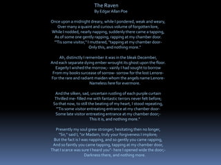 The Raven
By EdgarAllan Poe
Once upon a midnight dreary, while I pondered, weak and weary,
Over many a quaint and curious volume of forgotten lore,
While I nodded, nearly napping, suddenly there came a tapping,
As of some one gently rapping, rapping at my chamber door.
"'Tis some visitor," I muttered, "tapping at my chamber door-
Only this, and nothing more."
Ah, distinctly I remember it was in the bleak December,
And each separate dying ember wrought its ghost upon the floor.
Eagerly I wished the morrow;- vainly I had sought to borrow
From my books surcease of sorrow- sorrow for the lost Lenore-
For the rare and radiant maiden whom the angels name Lenore-
Nameless here for evermore.
And the silken, sad, uncertain rustling of each purple curtain
Thrilled me- filled me with fantastic terrors never felt before;
So that now, to still the beating of my heart, I stood repeating,
"'Tis some visitor entreating entrance at my chamber door-
Some late visitor entreating entrance at my chamber door;-
This it is, and nothing more."
Presently my soul grew stronger; hesitating then no longer,
"Sir," said I, "or Madam, truly your forgiveness I implore;
But the fact is I was napping, and so gently you came rapping,
And so faintly you came tapping, tapping at my chamber door,
That I scarce was sure I heard you"- here I opened wide the door;-
Darkness there, and nothing more.
 