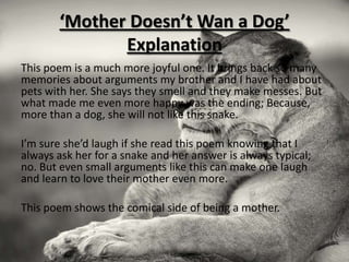‘Mother Doesn’t Wan a Dog’
              Explanation
This poem is a much more joyful one. It brings back so many
memories about arguments my brother and I have had about
pets with her. She says they smell and they make messes. But
what made me even more happy was the ending; Because,
more than a dog, she will not like this snake.

I’m sure she’d laugh if she read this poem knowing that I
always ask her for a snake and her answer is always typical;
no. But even small arguments like this can make one laugh
and learn to love their mother even more.

This poem shows the comical side of being a mother.
 