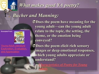 22What makes good YA poetry?Bucher and Manning:Does the poem have meaning for the young adult—can the young adult relate to the topic, the setting, the theme, or the emotion being conveyed?Does the poem elicit rich sensory images or deep emotional responses, which young adults appreciate or understand?Characteristics of Poetry for Young AdultsExcerpted From:Young Adult Literature Exploration, Evaluation, and Appreciation