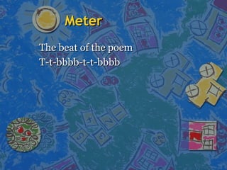 MeterMeter
The beat of the poemThe beat of the poem
T-t-bbbb-t-t-bbbbT-t-bbbb-t-t-bbbb
 