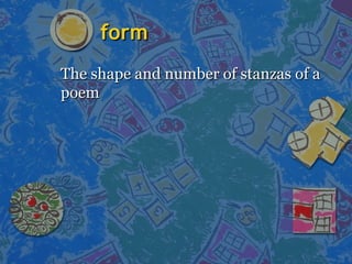 formform
The shape and number of stanzas of aThe shape and number of stanzas of a
poempoem
 