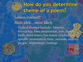 How do you determineHow do you determine
theme of a poem?theme of a poem?
Lesson learned?Lesson learned?
Main idea….more likelyMain idea….more likely
– Typical themes include: bravery,Typical themes include: bravery,
friendship, loss, inspiration, war, death,friendship, loss, inspiration, war, death,
birth, hard times, fun times, celebration,birth, hard times, fun times, celebration,
specific moments in time, animals, objects,specific moments in time, animals, objects,
people, beginnings, endingspeople, beginnings, endings
 