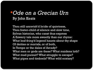 Ode on a Grecian Urn
By John Keats
Thou still unravish'd bride of quietness,
Thou foster-child of silence and slow time,
Sylvan historian, who canst thus express
A flowery tale more sweetly than our rhyme:
What leaf-fring'd legend haunts about thy shape
Of deities or mortals, or of both,
In Tempe or the dales of Arcady?
What men or gods are these? What maidens loth?
What mad pursuit? What struggle to escape?
What pipes and timbrels? What wild ecstasy?
 
