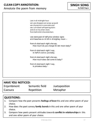 HAVE	
  YOU	
  NOTICED:
Enjambment Semantic	
  field Juxtaposition
Caesura Repetition	
   Metaphor
SINGH	
  SONG
By	
  Daljit	
  Nagra
QUESTIONS:
1. Compare	
  how	
  the	
  poet	
  presents	
  feelings	
  of	
  love	
  this	
  and	
  one	
  other	
  poem	
  of	
  your	
  
choice.
2. How	
  does	
  the	
  poet	
  convey	
  family	
  bonds	
  in	
  this	
  and	
  one	
  other	
  poem	
  of	
  your	
  
choice.
3. Compare	
  how	
  poets	
  present	
  attitudes	
  towards	
  conflict	
  in	
  relationships	
  in	
  	
  this	
  
and	
  one	
  other	
  poem	
  of	
  your	
  choice.
Late	
  in	
  di	
  midnight	
  hour	
  
ven	
  yoo	
  shoppers	
  are	
  wrap	
  up	
  quiet	
  
ven	
  di	
  precinct	
  is	
  concrete-­‐cool	
  
vee	
  cum	
  down	
  whispering	
  stairs	
  
and	
  sit	
  on	
  my	
  silver	
  stool,	
  
from	
  behind	
  di	
  chocolate	
  bars	
  
vee  stare  past  di  half-­price  window  signs  
at  di  beaches  ov  di  UK  in  di  brightey moon  –
from  di  stool  each  night  she  say,  
How  much  do  yoo  charge  for  dat moon  baby?  
from  di  stool  each  night  I  say,  
Is  half  di  cost  ov  yoo  baby,  
from  di  stool  each  night  she  say,  
How  much  does  dat come  to  baby?
from  di  stool  each  night  I  say,  
Is  priceless  baby  -­
CLEAN	
  COPY	
  ANNOTATION:
Annotate	
  the	
  poem	
  from	
  memory
K	
  McCabe	
  2016 17
 