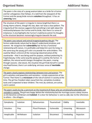 The	
  poem	
  is	
  the	
  story	
  of	
  a	
  young	
  woman	
  taken	
  as	
  a	
  bride	
  for	
  a	
  Farmer	
  
and	
  her	
  unhappiness	
  that	
  follows.	
  It	
  is	
  told	
  from	
  the	
  viewpoint	
  of	
  the	
  
Farmer	
  and	
  the	
  young	
  bride	
  remains	
  voiceless throughout.	
  It	
  has	
  an	
  
unnerving tone.	
  
The	
  structure	
  of	
  the	
  poem	
  is	
  irregular	
  in	
  stanza	
  length	
  but	
  there	
  is	
  a	
  
strong	
  rhyme	
  scheme,	
  though	
  this	
  too,	
  does	
  not	
  have	
  a	
  clear	
  pattern.	
  The	
  
irregularity	
  of	
  the	
  stanzas	
  suggests	
  that	
  something	
  is	
  not	
  right	
  about	
  the	
  
relationship	
  between	
  the	
  Farmer	
  and	
  his	
  bride,	
  that	
  there	
  is	
  a	
  sense	
  of	
  
imbalance.	
  It	
  also	
  highlights	
  the	
  Farmer’s	
  inability	
  to	
  control	
  his	
  thoughts	
  
as	
  the	
  structure	
  becomes	
  increasingly	
  irregular	
  towards	
  the	
  end.	
  
The	
  poem	
  uses	
  natural	
  and	
  animal	
  imagery	
  to	
  portray	
  the	
  girl.	
  The	
  
farmer	
  understands	
  nature	
  but	
  he	
  doesn’t	
  understand	
  emotions	
  and	
  
women.	
  	
  He	
  recognises	
  her	
  vulnerability but	
  he	
  has	
  a	
  functional	
  
relationship	
  with	
  nature,	
  it	
  is	
  profitable	
  and	
  helps	
  him	
  earn	
  his	
  living.	
  In	
  
the	
  same	
  way,	
  the	
  young	
  girl’s	
  role	
  is	
  to	
  provide	
  him	
  with	
  children.	
  This	
  
could	
  be	
  Mew’s	
  criticism	
  of	
  the	
  increasing	
  industrialization	
  of	
  the	
  
countryside	
  – that	
  it	
  was	
  being	
  used	
  for	
  purpose,	
  without	
  protecting	
  its	
  
fragile	
  beauty,	
  in	
  the	
  same	
  way	
  the	
  young	
  girl	
  is	
  used	
  by	
  the	
  farmer.	
  	
  In	
  
addition,	
  the	
  natural	
  world	
  changes	
  throughout	
  the	
  poem,	
  moving	
  
through	
  seasons.	
  Like	
  nature,	
  the	
  situation	
  the	
  girl	
  finds	
  herself	
  in	
  cannot	
  
stay	
  fixed	
  forever,	
  there	
  is	
  an	
  underlying	
  ominous	
  sense	
  of	
  inevitable	
  
change.	
  
The	
  poem	
  clearly	
  exposes	
  relationships	
  between	
  men	
  and	
  women.	
  The	
  
girl	
  is	
  voiceless	
  and	
  powerless	
  and	
  nameless	
  – simply	
  a	
  possession	
  of	
  the	
  
Farmer.	
  Their	
  home	
  is	
  a	
  microcosm of	
  the	
  role	
  of	
  women	
  in	
  society	
  at	
  the	
  
time.	
  The	
  girl	
  has	
  freedom	
  taken	
  away	
  from	
  her,	
  completes	
  mundane	
  
tasks	
  and	
  is	
  expected	
  to	
  bear	
  children.	
  The	
  men,	
  by	
  contrast,	
  are	
  active,	
  
and	
  in	
  control.	
  
Complexity	
   Isolation	
   Dehumanizes	
   Traumatised	
   Oddity	
   Inevitable	
  
Voiceless	
   Prey Plural	
  Pronouns Vulnerable Unnerving	
   Microcosm
Inexplicable	
   Withdrawn	
   Isolation	
   Disconnect	
   Foreboding Rejection	
  
Organised	
  Notes Additional	
  Notes
The	
  poem	
  could	
  also	
  be	
  a	
  comment	
  on	
  the	
  treatment	
  of	
  those	
  who	
  are	
  emotionally	
  vulnerable	
  and	
  
unstable	
  in	
  society.	
  The	
  girl	
  was	
  happy	
  before	
  the	
  relationship	
  but	
  the	
  marriage	
  causes	
  a	
  deep	
  trauma	
  
as	
  she	
  becomes	
  withdrawn	
  and	
  isolated.	
  It	
  is	
  clear	
  her	
  behaviour	
  is	
  seen	
  as	
  odd,	
  due	
  to	
  the	
  references	
  
to	
  others	
  – the	
  villagers.	
  
 