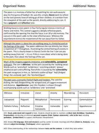 The	
  poem	
  is	
  a	
  memory	
  a	
  father	
  has	
  of	
  watching	
  his	
  son	
  walk	
  away	
  to	
  
play	
  his	
  first	
  game	
  of	
  football.	
  He	
  uses	
  this	
  simple,	
  literal event	
  to	
  reflect	
  
on	
  the	
  task	
  parents	
  have	
  of	
  letting	
  go	
  of	
  their	
  children.	
  It	
  is	
  written	
  from	
  
the	
  viewpoint	
  of	
  the	
  poet	
  as	
  the	
  parent,	
  directly	
  addressing	
  his	
  son.	
  It	
  
has	
  a	
  poignant	
  and	
  reflective tone.	
  
Walking	
  Away	
  is	
  a	
  lyric	
  poem	
  in	
  four	
  fairly	
  regular	
  stanzas	
  in	
  terms	
  of	
  
rhyme	
  and	
  metre.	
  This	
  control	
  suggests	
  a	
  deeply	
  reflective	
  poem,	
  
confirmed	
  by	
  the	
  opening	
  line	
  that	
  the	
  focus	
  is	
  an	
  18	
  yr old	
  memory.	
  The	
  
caesura	
  in	
  the	
  poem	
  adds	
  to	
  the	
  slow	
  reflective	
  pace.	
  Whereas	
  the	
  
enjambment	
  mimics	
  the	
  movement	
  of	
  the	
  son	
  away	
  from	
  his	
  father.	
  
Although	
  the	
  poem	
  is	
  about	
  the	
  son	
  walking	
  away,	
  it	
  s	
  firmly	
  focused	
  on	
  
the	
  feelings	
  of	
  the	
  poet.	
  	
  The	
  poem	
  addresses	
  the	
  son	
  directly,	
  but	
  there	
  
is	
  repetition	
  of	
  ‘I’ throughout,	
  illustrating	
  the	
  central	
  feeling	
  of	
  anxiety	
  in	
  
the	
  poem.	
  This	
  is	
  clearly	
  shown	
  in	
  Stanza	
  2	
  with	
  the	
  line	
  ‘I	
  can	
  see	
  you	
  
walking	
  away	
  from	
  me’	
  – it	
  is	
  as	
  if	
  this	
  is	
  more	
  about	
  what	
  is	
  being	
  done	
  
to	
  the	
  poet,	
  than	
  about	
  the	
  feelings	
  of	
  the	
  son.	
  
Much	
  of	
  the	
  imagery	
  suggests	
  innocence	
  and	
  vulnerability,	
  juxtaposed
with	
  pain.	
  The	
  son	
  is	
  oblivious	
   to	
  the	
  pain	
  caused	
  by	
  the	
  ‘walking	
  away’.	
  
Words	
  such	
  as	
  ‘wrenched’,	
  ‘wilderness’,	
  ‘scorching	
  ordeals’,	
  ‘gnaws’	
  
emphasise	
  pain	
  and	
  suffering.	
  Part	
  of	
  this	
  is	
  caused	
  by	
  the	
  vulnerability
the	
  poet	
  recognizes	
  in	
  him,	
  as	
  ‘behind	
  a	
  scatter	
  of	
  boys’	
  ‘half-­‐fledged	
  
thing’,	
  the	
  unsteady	
  ‘gait’,	
  the	
  ‘hesitant	
  figure’.	
  
The	
  poet	
  uses	
  a	
  semantic	
  field	
  of	
  flight	
  and	
  freedom.	
  The	
  satellite	
  
drifting,	
  the	
  half-­‐fledged	
  thing,	
  the	
  winged	
  seed,	
  all	
  suggest	
  movement	
  
and	
  distance.	
  	
  Apprehension	
   over	
  this	
  freedom	
  is	
  shown	
  through	
  
accompanying	
  words	
  such	
  as	
  ‘wilderness’	
  and	
  	
  ‘wrenched’.	
  
Oblivious Irresolute Literal Anxiety	
   Meandering	
   Persistent	
  
Juxtaposed Poignant	
   Metaphorical	
   Permanent	
   Scarring	
   Contemplative	
  
Pathetic	
  Fallacy Reflective	
   Fricative
Consonants
Vulnerable	
   Lyric	
   Apprehension
Organised	
  Notes Additional	
  Notes
AO1:	
  Read,	
  understand	
  and	
  respond	
  to	
  texts.	
  Students	
  should	
   be	
  able	
  to:	
  maintain	
  a	
  critical	
   style	
  (Ambitious	
   Vocabulary,	
  
Organisation)	
   and	
  develop	
  an	
  informed	
   personal	
  response	
  (Point	
   Opinion	
   statements),	
   refer	
  to	
  the	
   text,	
  including	
  
quotations,	
   (embed	
  them)	
   to	
  support	
   and	
  illustrate	
   interpretations
AO2:	
  Analyse	
  the	
  language,	
  form	
  and	
  structure	
  used	
  by	
  a	
  writer	
   to	
  create	
   meanings	
  and	
  effects	
  (Zoom	
  in,	
  Analysis),	
  using	
  
relevant	
  subject	
  terminology (Techniques)	
   where	
  appropriate.
AO3:	
  Show	
  understanding	
   of	
  the	
  relationships	
   between	
  texts	
  and	
  the	
  contexts	
   in	
  which	
  they	
  were	
  written.
 
