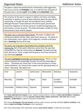 The	
  poem	
  is	
  about	
  the	
  painful	
  end	
  of	
  a	
  relationship,	
  with	
  suggestions	
  
that	
  it	
  was	
  a	
  secret	
  and	
  forbidden love.	
  It	
  is	
  told	
  from	
  the	
  viewpoint	
  of	
  
the	
  poet	
  who	
  is	
  struck	
  by	
  grief.	
  It	
  has	
  bitter	
  and	
  melancholic tone.	
  	
  
The	
  structure	
  of	
  the	
  poem	
  is	
  regular	
  in	
  rhythm	
  and	
  rhyme	
  and	
  highly	
  
controlled.	
  It	
  signifies	
  a	
  sense	
  of	
  deep	
  reflection	
  about	
  the	
  day	
  and	
  the	
  
relationship,	
  as	
  though	
  the	
  poet	
  has	
  considered	
  it	
  very	
  carefully.	
  
Although	
  the	
  poem	
  moves	
  between	
  time	
  frames	
  (past,	
  present	
  and	
  
future)	
  the	
  repetition	
  of	
  ‘silence	
  and	
  tears’	
  at	
  both	
  the	
  beginning	
  and	
  
end	
  creates	
  a	
  circular	
  structure.	
  This	
  shows	
  that	
  poet	
  is	
  unable	
  to	
  move	
  
forward	
  and	
  is	
  stuck	
  with	
  his	
  despair.	
  
The	
  poem	
  uses	
  a	
  semantic	
  field	
  of	
  death.	
  	
  The	
  poem	
  is	
  riddled	
  with	
  
references	
  to	
  death	
  and	
  loss.	
  Pale,	
  sever,	
  knell,	
  grieve	
  etc.	
   The	
  death	
  of	
  
the	
  relationship	
  is	
  also	
  a	
  ‘death’	
  of	
  his	
  happiness,	
  emotion	
  and	
  future.	
  
He	
  is	
  mourning the	
  loss	
  of	
  his	
  love.	
  
The	
  poem	
  uses	
  language	
  to	
  foreshadow	
  the	
  inevitable	
  end	
  of	
  the	
  
relationship.	
  Part	
  of	
  the	
  poet’s	
  bitterness	
  comes	
  from	
  the	
  signs	
  that	
  
surrounded	
  him	
  that	
  the	
  relationship	
  was	
  doomed.	
  Foretold,	
  warning,	
  
knell,	
  deceive	
  etc.	
  There	
  is	
  anger	
  that	
  he	
  gave	
  so	
  much	
  love	
  and	
  yet	
  he	
  
was	
  ultimately	
  rejected.	
  
The	
  poem	
  juxtaposes	
  knowledge	
  and	
  silence/secrecy.	
  	
  There	
  is	
  a	
  clear	
  
contrast	
  between	
  the	
  knowledge	
  the	
  poet	
  has	
  and	
  the	
  knowledge	
  of	
  
others.	
  	
  ‘They	
  know	
  not	
  I	
  knew	
  thee’	
  In	
  the	
  same	
  way	
  there	
  is	
  a	
  sharp	
  
contrast	
  between	
  	
  the	
  silence	
  of	
  the	
  couple	
  and	
  the	
  	
  gossiping	
  voices	
  of	
  
others	
  ‘They	
  name	
  thee	
  before	
  me’.
Grief Lament Confessional Melancholic Notorious Anonymity
Mourning Forbidden Regret Bitter Scandal/
Scandalous
Inevitable
Foreshadow Pathetic Fallacy Doomed	
   Rejected Juxtaposition Wounds
AO1:	
  Read,	
  understand	
  and	
  respond	
  to	
  texts.	
  Students	
  should	
   be	
  able	
  to:	
  maintain	
  a	
  critical	
   style	
  (Ambitious	
   Vocabulary,	
  
Organisation)	
   and	
  develop	
  an	
  informed	
   personal	
  response	
  (Point	
   Opinion	
   statements),	
   refer	
  to	
  the	
   text,	
  including	
  
quotations,	
   (embed	
  them)	
   to	
  support	
   and	
  illustrate	
   interpretations
AO2:	
  Analyse	
  the	
  language,	
  form	
  and	
  structure	
  used	
  by	
  a	
  writer	
   to	
  create	
   meanings	
  and	
  effects	
  (Zoom	
  in,	
  Analysis),	
  using	
  
relevant	
  subject	
  terminology (Techniques)	
   where	
  appropriate.
AO3:	
  Show	
  understanding	
   of	
  the	
  relationships	
   between	
  texts	
  and	
  the	
  contexts	
   in	
  which	
  they	
  were	
  written.
Organised	
  Notes Additional	
  Notes
 