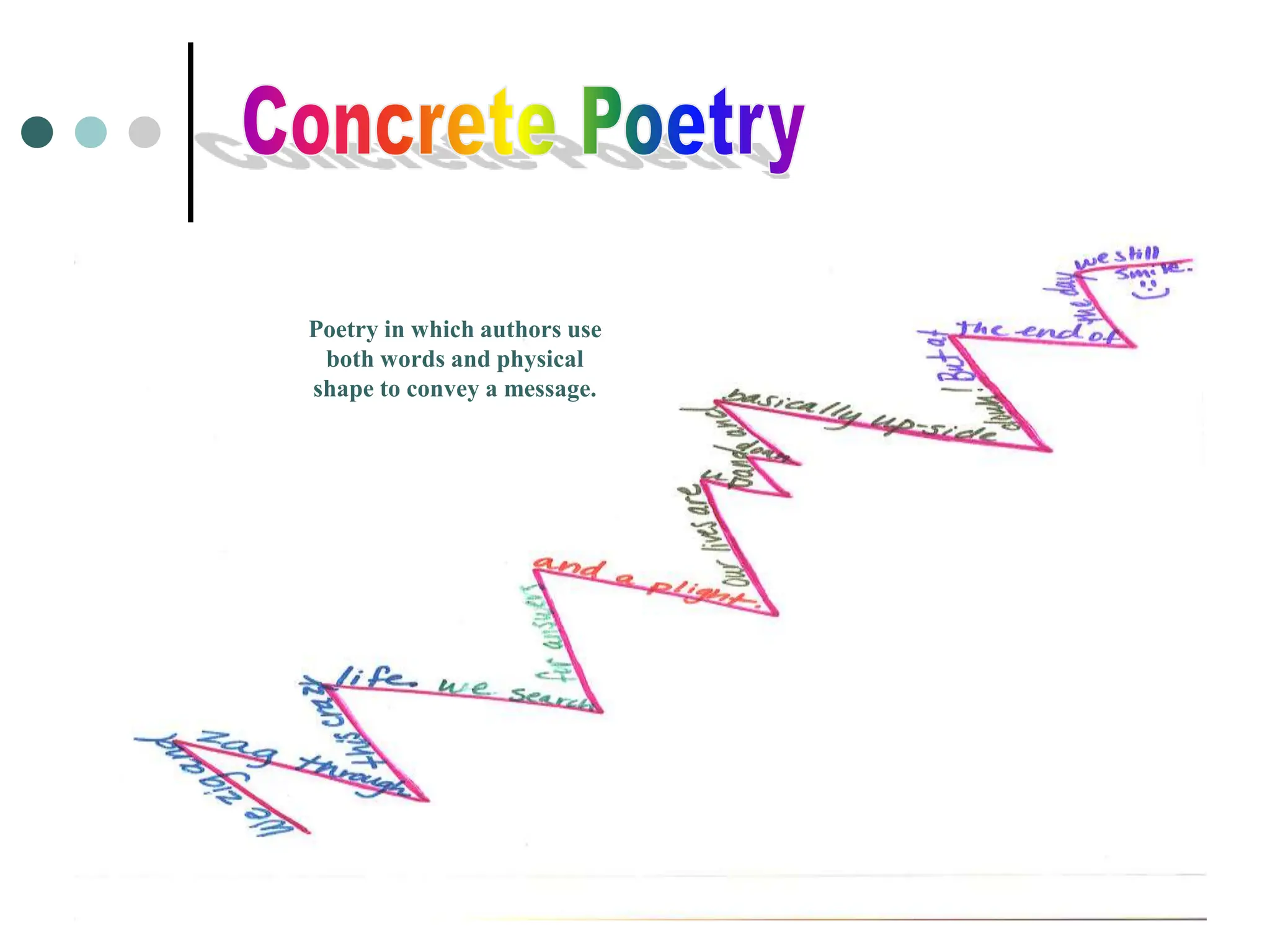 35
Poetry in which authors use
both words and physical
shape to convey a message.
Poetry in which authors use
both words and physical
shape to convey a message.
 