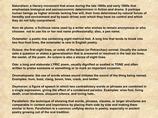 Naturalism: a literary movement that arose during the late 1800s and early 1900s that 
emphasizes biological and socioeconomic determinism in fiction and drama. It portrays 
human beings as higher animals lacking free will, their lives determined by natural forces of 
heredity and environment and by basic drives over which they have no control and which 
they do not fully comprehend. 
Nom de plume: a fictitious name used by a writer who wishes to remain anonymous or who 
chooses not to use his or her real name professionally; also, a pen name. 
Octameter: a poetic line containing eight metrical feet. A long line that tends to break into 
two four-foot lines, the octameter is rare in English poetry. 
Octave: the first eight lines, or octet, of the Italian (or Petrarchan) sonnet. Usually the octave 
asks a question or states a generalization that is answered or resolved in the last six lines, 
the sestet, of the poem. An octave is also a stanza of eight lines. 
Ode: a long and elaborate LYRIC poem, usually dignified or exalted in TONE and often 
written to praise someone or something or to mark an important occasion. 
Onomatopoeia: the use of words whose sound imitates the sound of the thing being named. 
Examples: hum, buzz, clang, boom, hiss, crack, and twitter. 
Oxymoron: a figure of speech in which two contradictory words or phrases are combined in 
a single expression, giving the effect of a condensed paradox. Examples: wise fool, living 
death, cruel kindness, eloquent silence, and loving hate.. 
Parallelism: the technique of showing that words, phrases, clauses, or larger structures are 
comparable in content and importance by placing them side by side and making them 
similar in form. Parallelism is a common unifying device in poetry, especially in ancient 
poetry growing out of the oral tradition. 
 