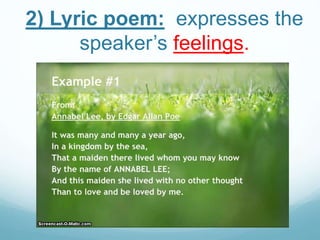 2) Lyric poem: expresses the
speaker’s feelings.
 