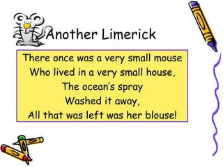 Another Limerick
There once was a very small mouse
Who lived in a very small house,
The ocean’s spray
Washed it away,
All that was left was her blouse!
 