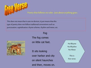 Poetry that follows norules. Just about anything goes.
This doesnotmean thatit usesnodevices, it justmeans thatthis
typeofpoetrydoesnotfollowtraditionalconventionssuch as
punctuation,capitalization,rhymescheme,rhythmandmeter,etc.
Fog
The fog comes
on little cat feet.
It sits looking
over harbor and city
on silent haunches
and then, moves on.
NoRhyme
NoRhythm
NoMeter
This is
freeverse.
 