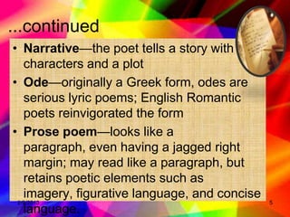 ...continued
• Narrative—the poet tells a story with
   characters and a plot
• Ode—originally a Greek form, odes are
   serious lyric poems; English Romantic
   poets reinvigorated the form
• Prose poem—looks like a
   paragraph, even having a jagged right
   margin; may read like a paragraph, but
   retains poetic elements such as
   imagery, figurative language, and concise
 2/9/2013                                      5
   language.
 
