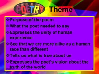Theme
Purpose of the poem
What the poet needed to say
Expresses the unity of human
    experience
See that we are more alike as a human
    race than different
Tells us what is true about us
Expresses the poet’s vision about the
    truth of the world
2/9/2013                                 6
 