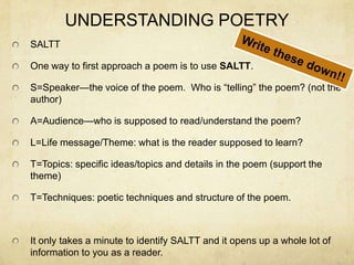 UNDERSTANDING POETRYSALTTOne way to first approach a poem is to use SALTT.S=Speaker—the voice of the poem.  Who is “telling” the poem? (not the author)A=Audience—who is supposed to read/understand the poem?L=Life message/Theme: what is the reader supposed to learn?T=Topics: specific ideas/topics and details in the poem (support the theme)T=Techniques: poetic techniques and structure of the poem.It only takes a minute to identify SALTT and it opens up a whole lot of information to you as a reader.Write these down!!