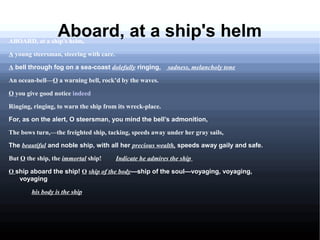Aboard, at a ship's helmABOARD, at a ship’s helm,
A young steersman, steering with care.
A bell through fog on a sea-coast dolefully ringing, sadness, melancholy tone
An ocean-bell—O a warning bell, rock’d by the waves.
O you give good notice indeed
Ringing, ringing, to warn the ship from its wreck-place.
For, as on the alert, O steersman, you mind the bell’s admonition,
The bows turn,—the freighted ship, tacking, speeds away under her gray sails,
The beautiful and noble ship, with all her precious wealth, speeds away gaily and safe.
But O the ship, the immortal ship! Indicate he admires the ship
O ship aboard the ship! O ship of the body—ship of the soul—voyaging, voyaging,
voyaging
his body is the ship
 