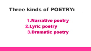 Three kinds of POETRY:
1.Narrative poetry
2.Lyric poetry
3.Dramatic poetry
 